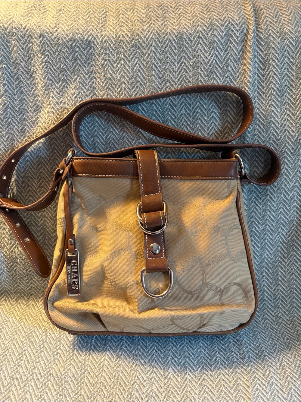 Chaps Beige Canvas Crossbody Bag with Brown Trim and Silver Toned design - Picture 1 of 9